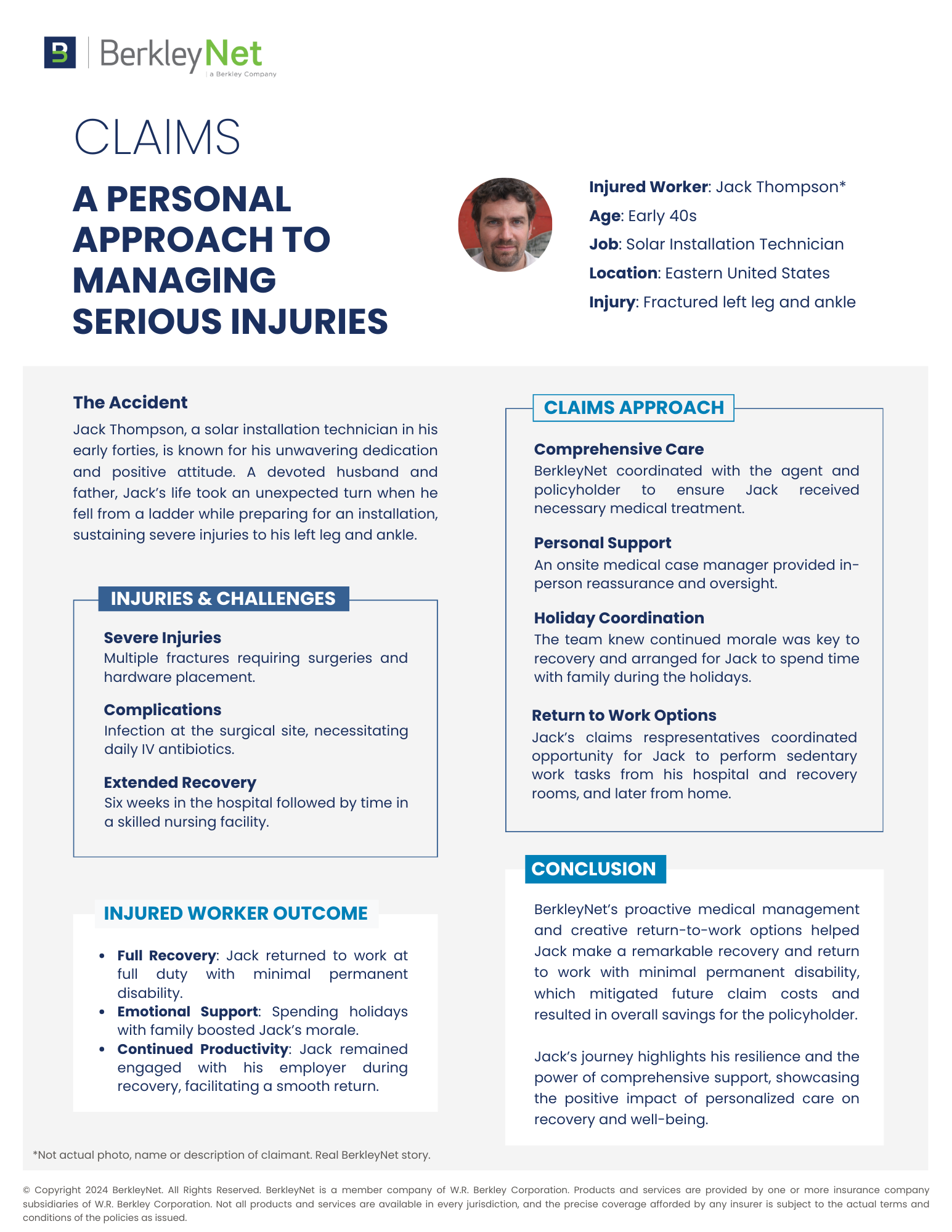 BerkleyNet Claims Case Study PDF Case study one-pager featuring an injured worker supported by BerkleyNet’s workers compensation insurance team.